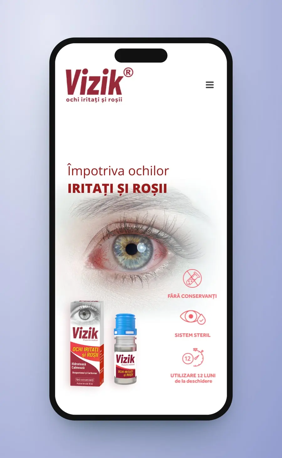 Pagina roșie pe telefon: logoul Vizik, „Împotriva ochilor iritați și roșii”, ochiul injectat, cutia, flaconul și trei pictograme