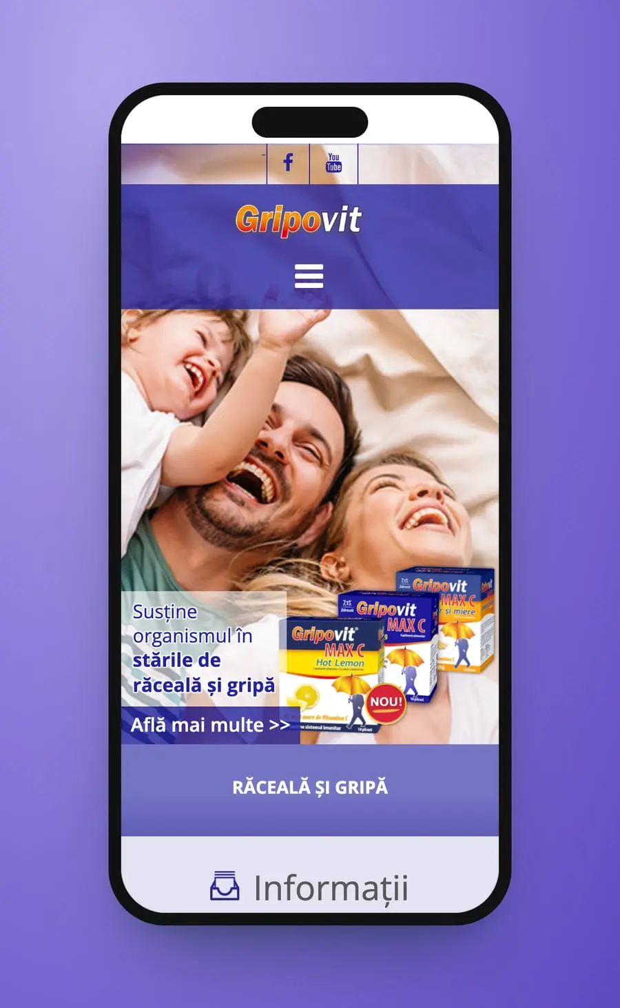Primul ecran pe telefon: o familie care râde, cutiile MAX C cu insigna NOU și rândul de sus