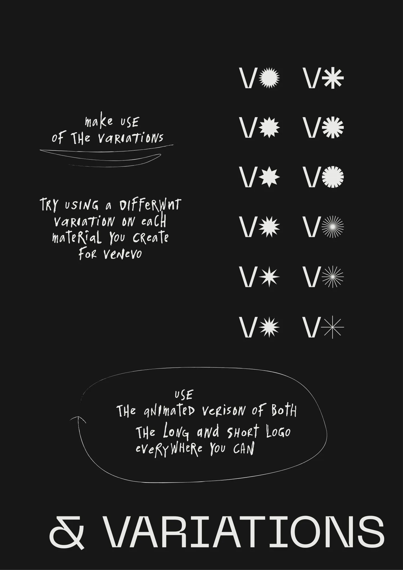 Twelve versions of the short V logo, each with a different star or circle