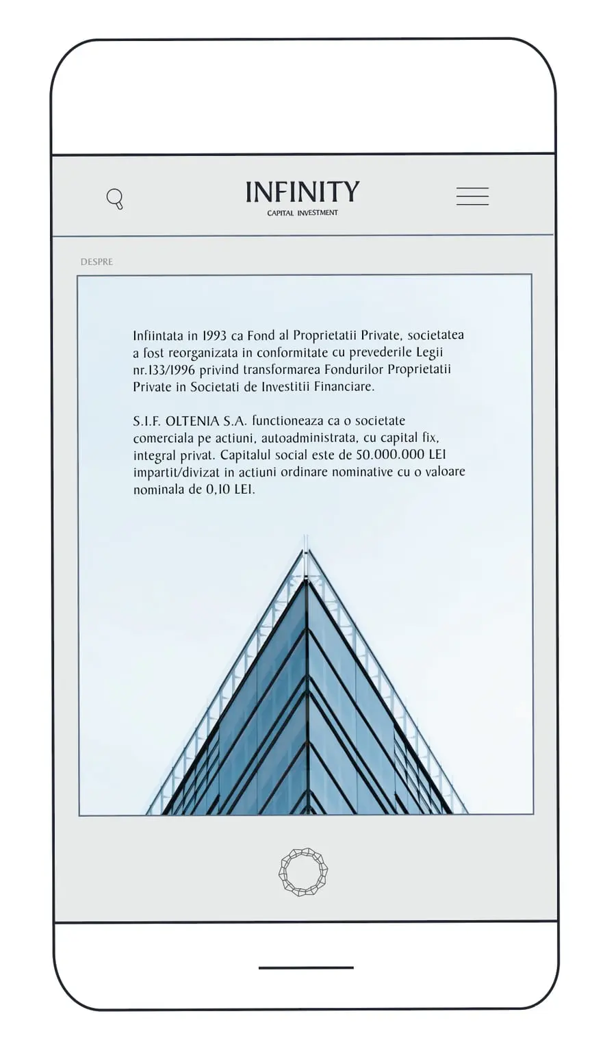 The about page on a phone, with the history of the company and a glass building rising