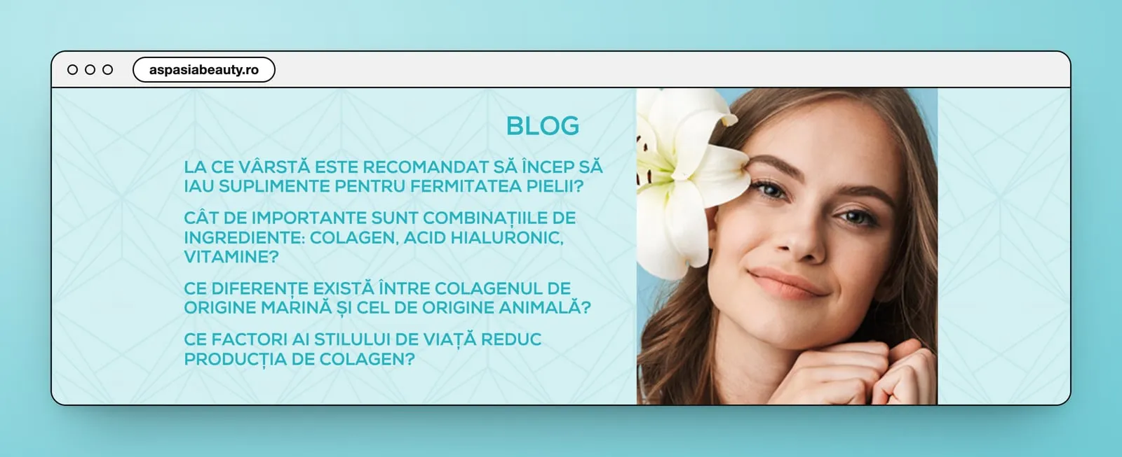 The blog block: four article titles in turquoise capitals beside a portrait with a white lily