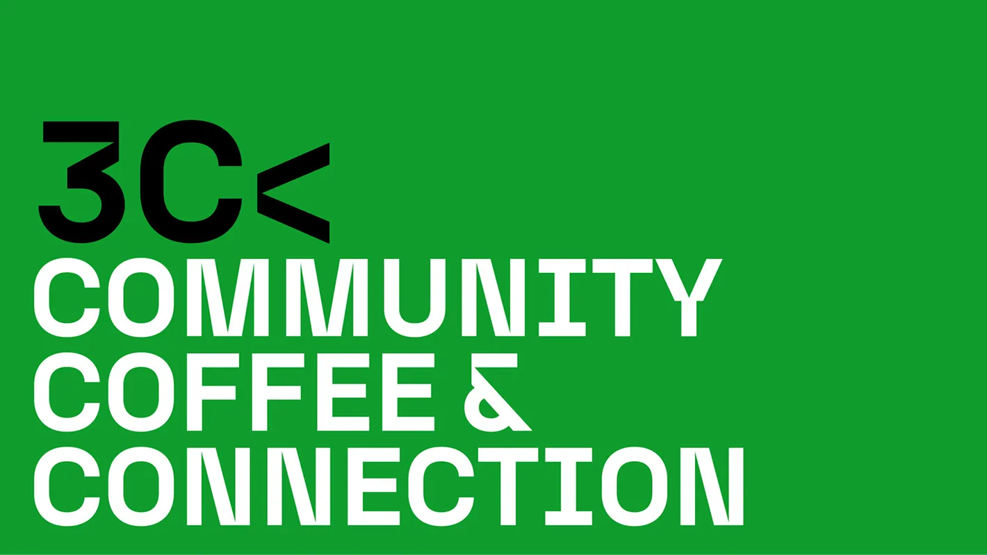 Green brand board reading Community, coffee and connection