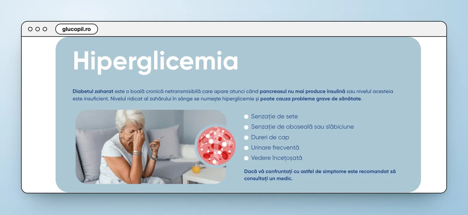 Hiperglicemia: a blue card with a photo of a tired woman and a list of symptoms
