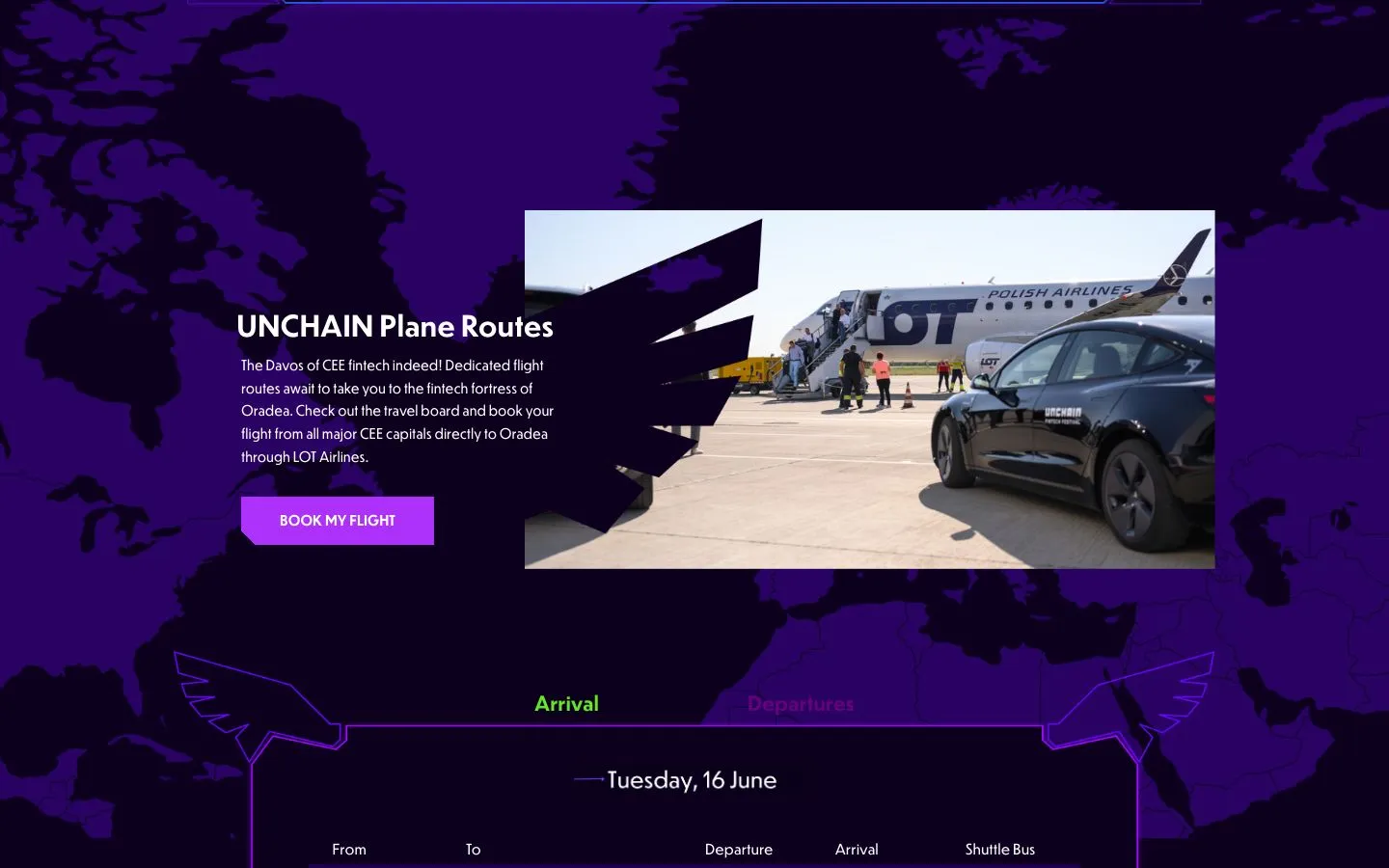 Pagina de călătorie: UNCHAIN Plane Routes, un avion LOT pe pistă și un panou de plecări