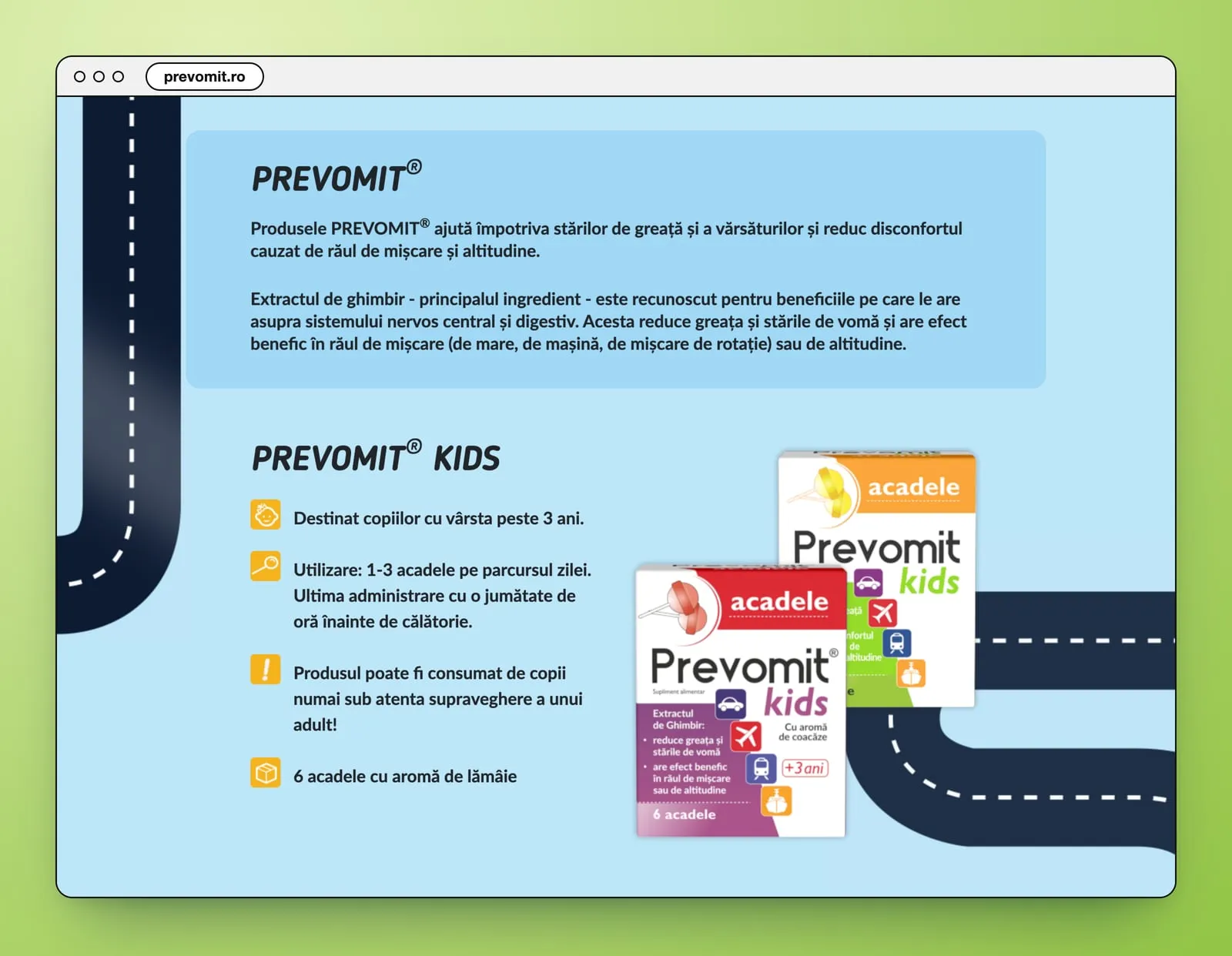 The Prevomit block on light blue: a paragraph on ginger extract, then Prevomit Kids with two lollipop boxes on the road and four lines with icons