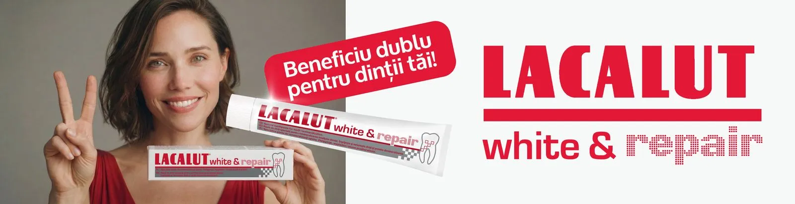 The banner: the woman with the tube on the left, a red tag with the line, the logo on the right