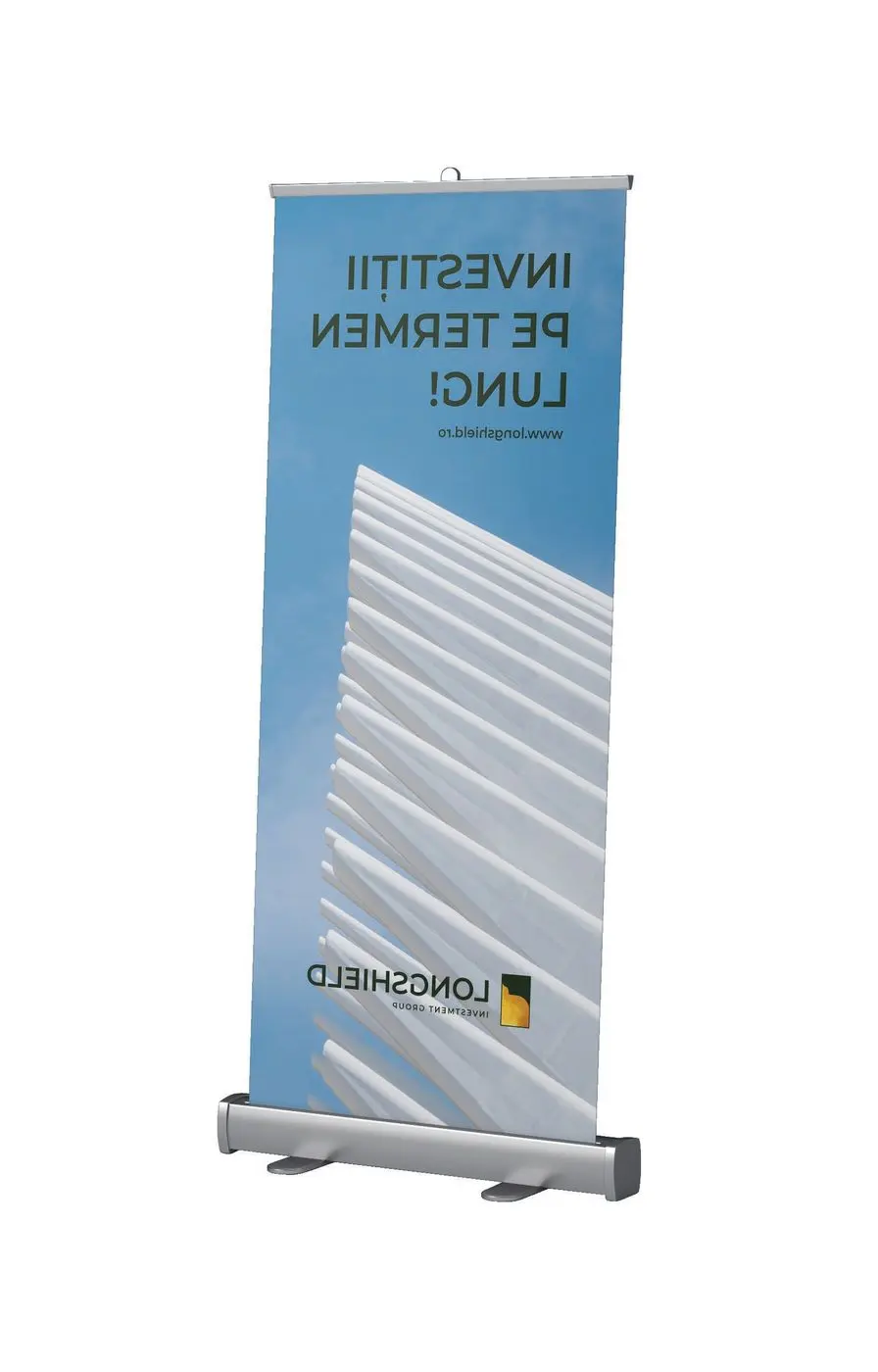 Roll-up with a white building against blue sky