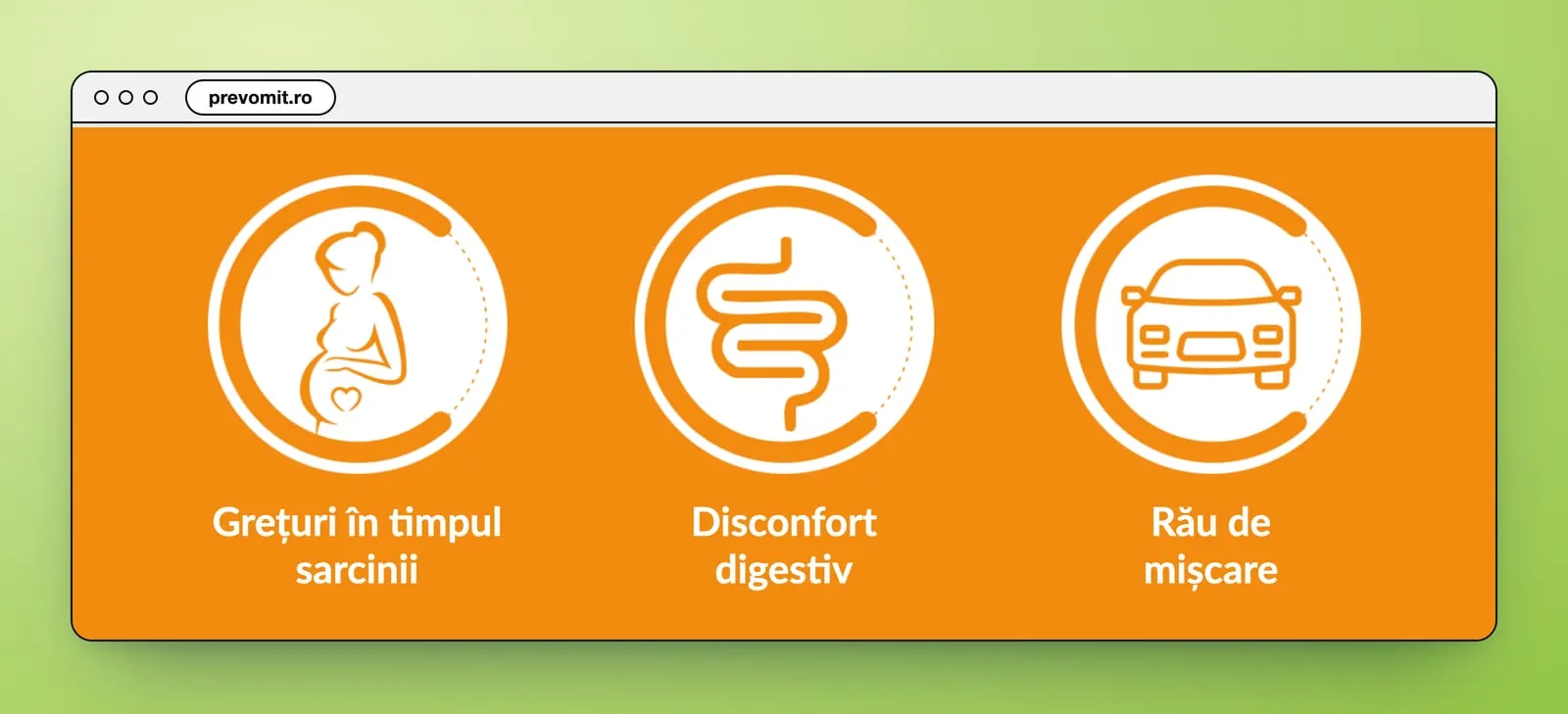 The orange band: three white rings with line icons, a pregnant woman, the intestines and a car, over Grețuri în timpul sarcinii, Disconfort digestiv and Rău de mișcare