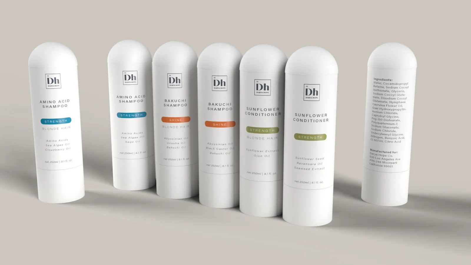 Sticle de șampon și balsam Darya Hope: Amino Acid Shampoo, Bakuchi Shampoo și Sunflower Conditioner