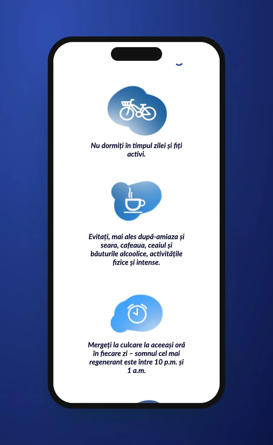 The rules for a restful night on a phone, each under a blue icon