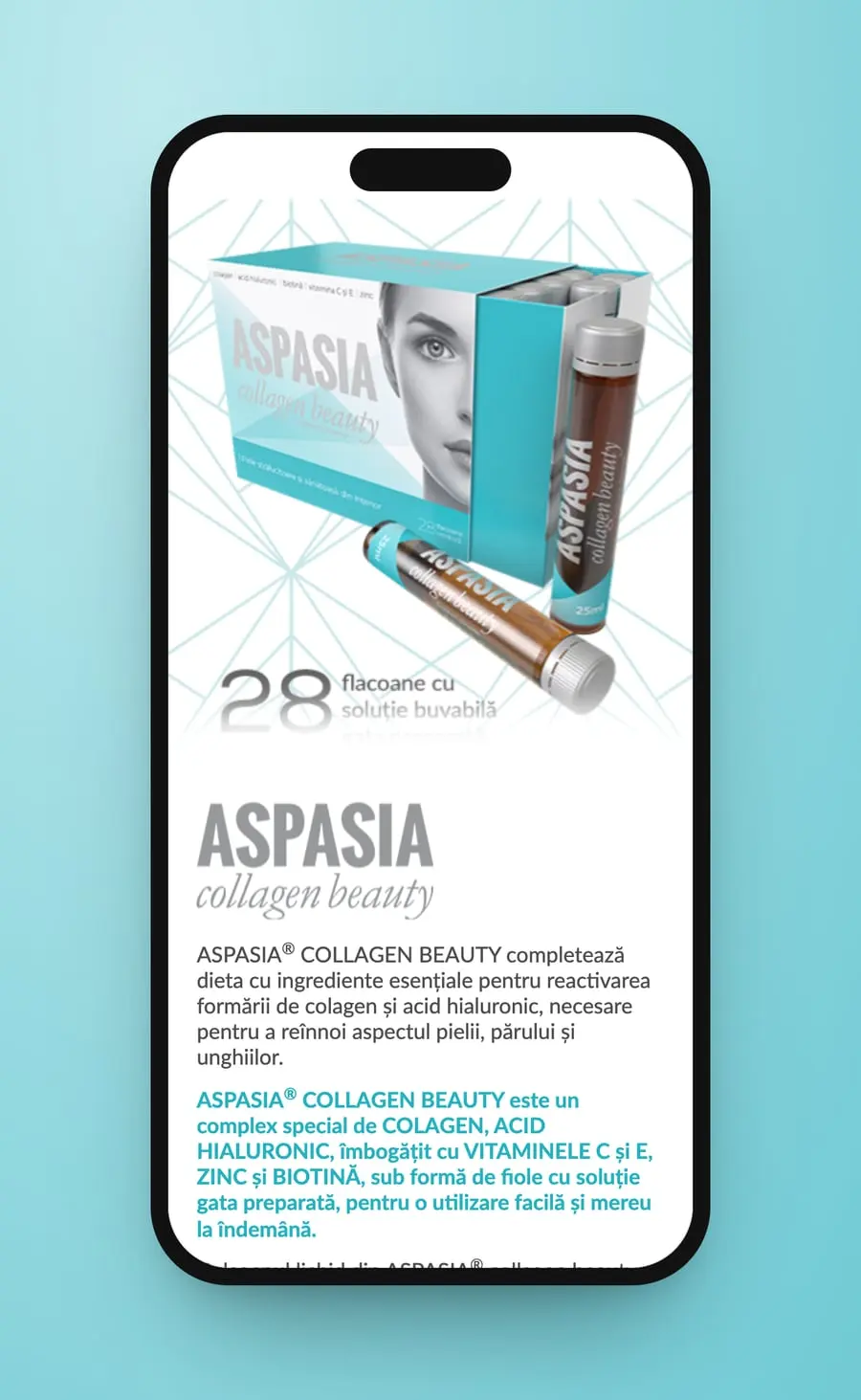 The box and vial on a phone, with 28 flacoane cu soluție buvabilă and the Aspasia collagen beauty logo above the product text