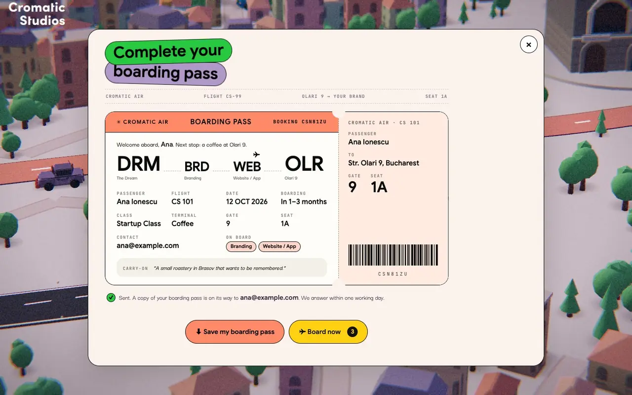 A printed boarding pass: DRM, BRD, WEB, OLR, seat 1A, Startup Class