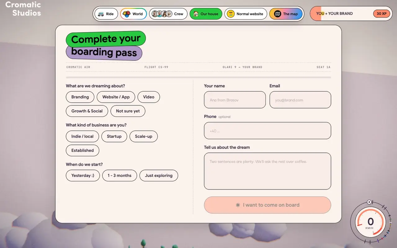 The boarding pass form in drive mode, above the clouds
