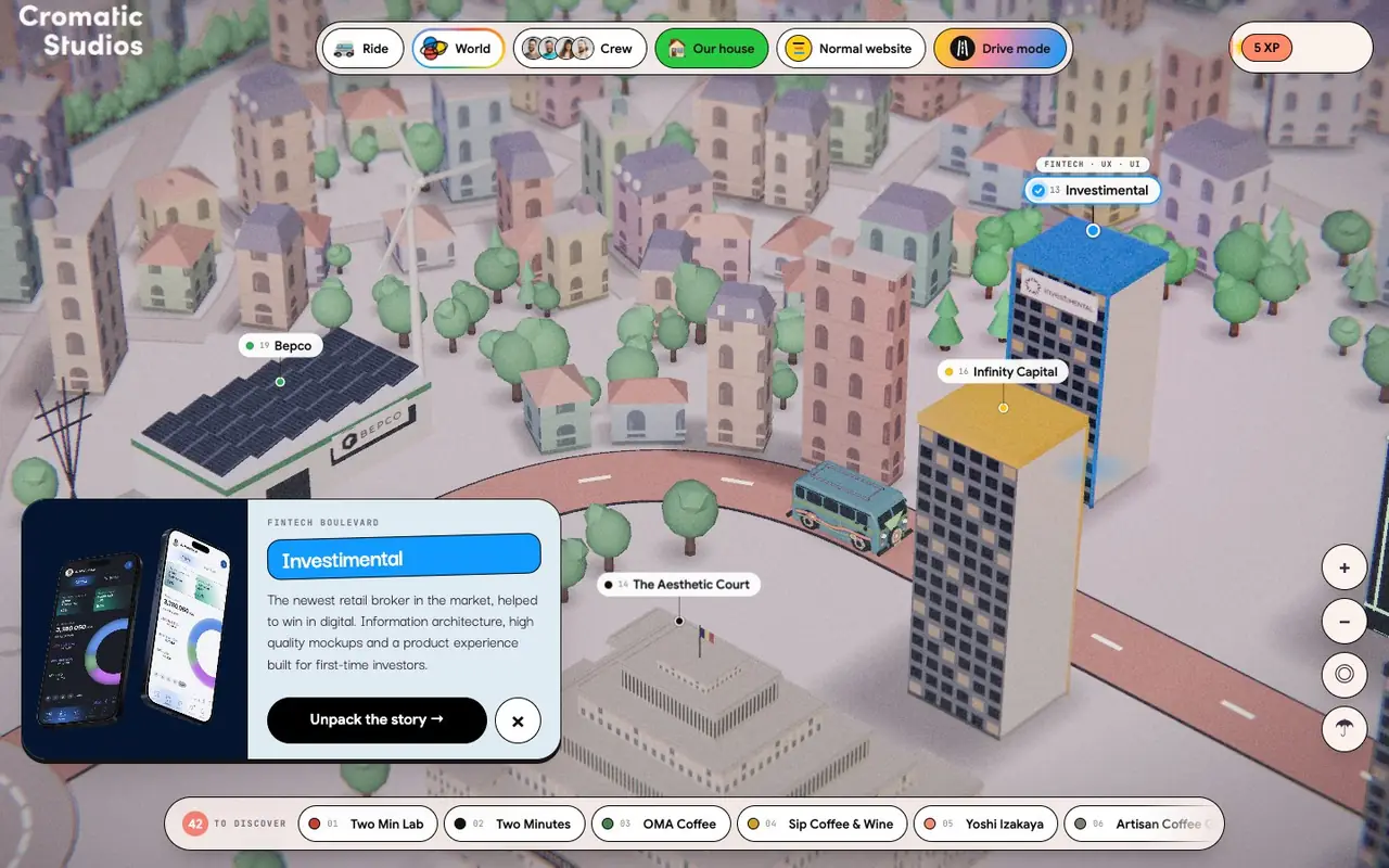 The Investimental place card: photo, description and the Unpack the story button