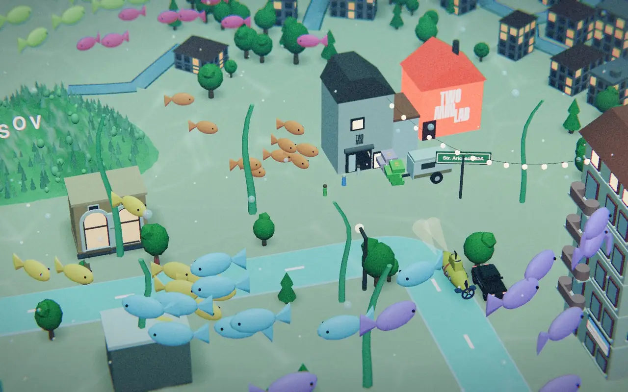 Underwater: fish, kelp and a yellow submarine